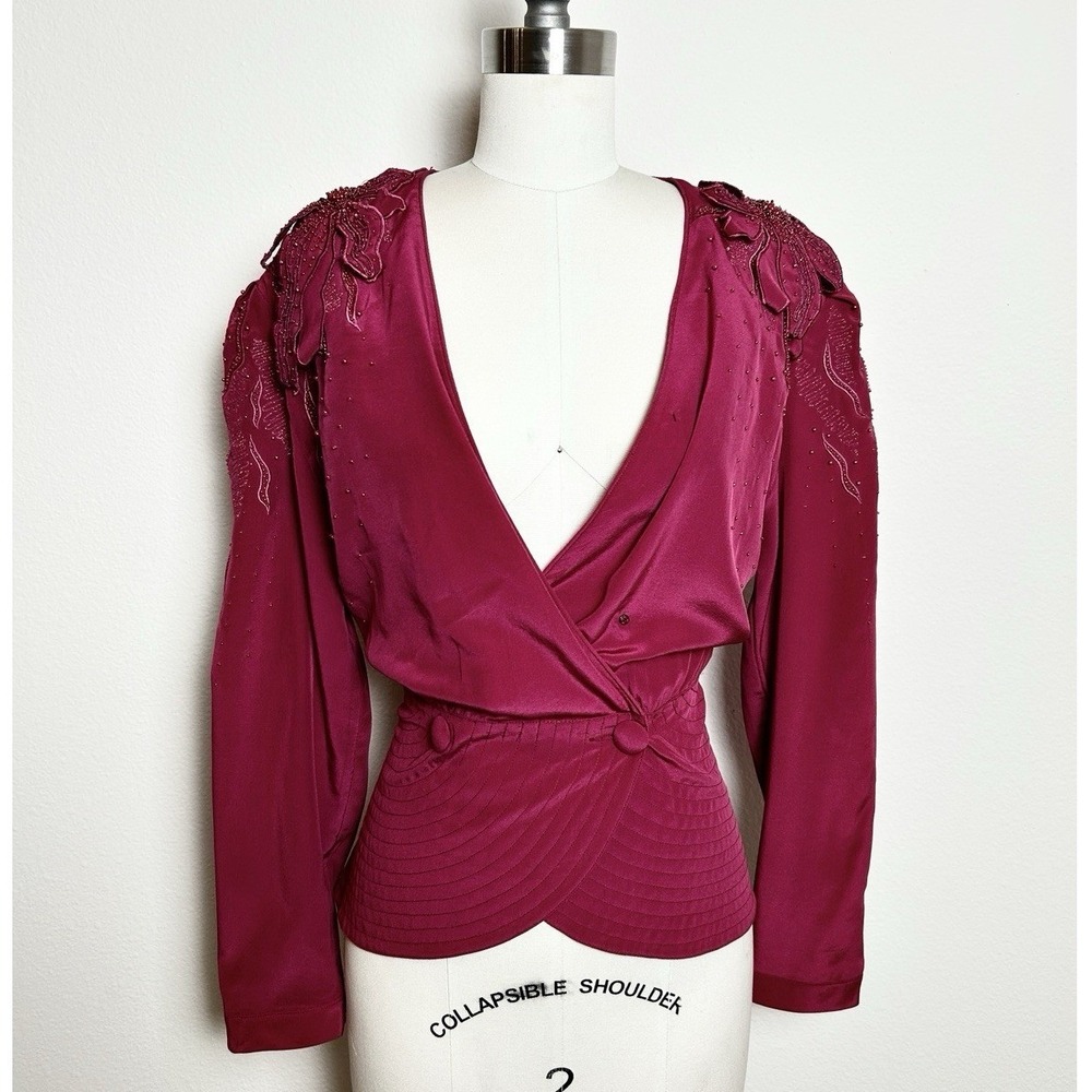 VTG Orlando Rossi Magenta Pink Silk Beaded Appliqué Blouse Button Long Sleeve 12